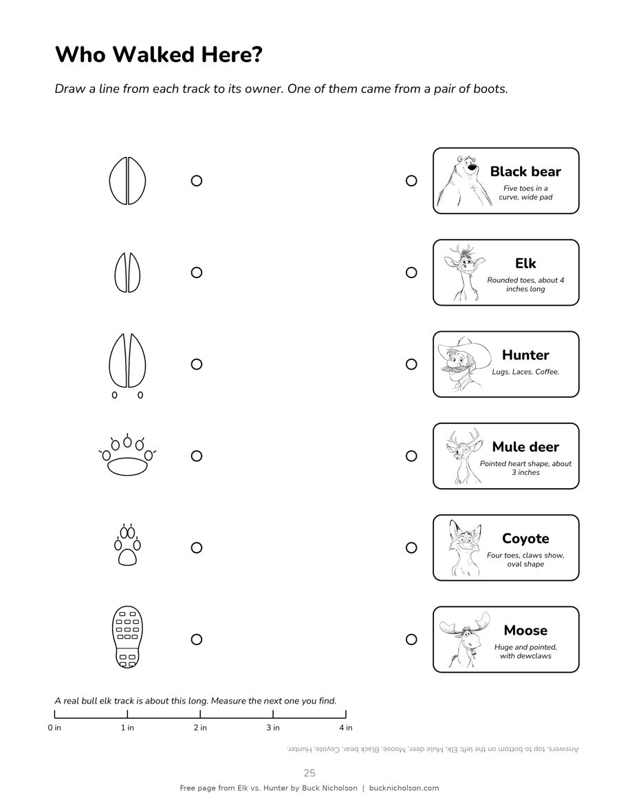 Worksheet titled Who Walked Here? with six tracks to match to black bear, elk, hunter, mule deer, coyote and moose, and a ruler showing a 4 inch elk track