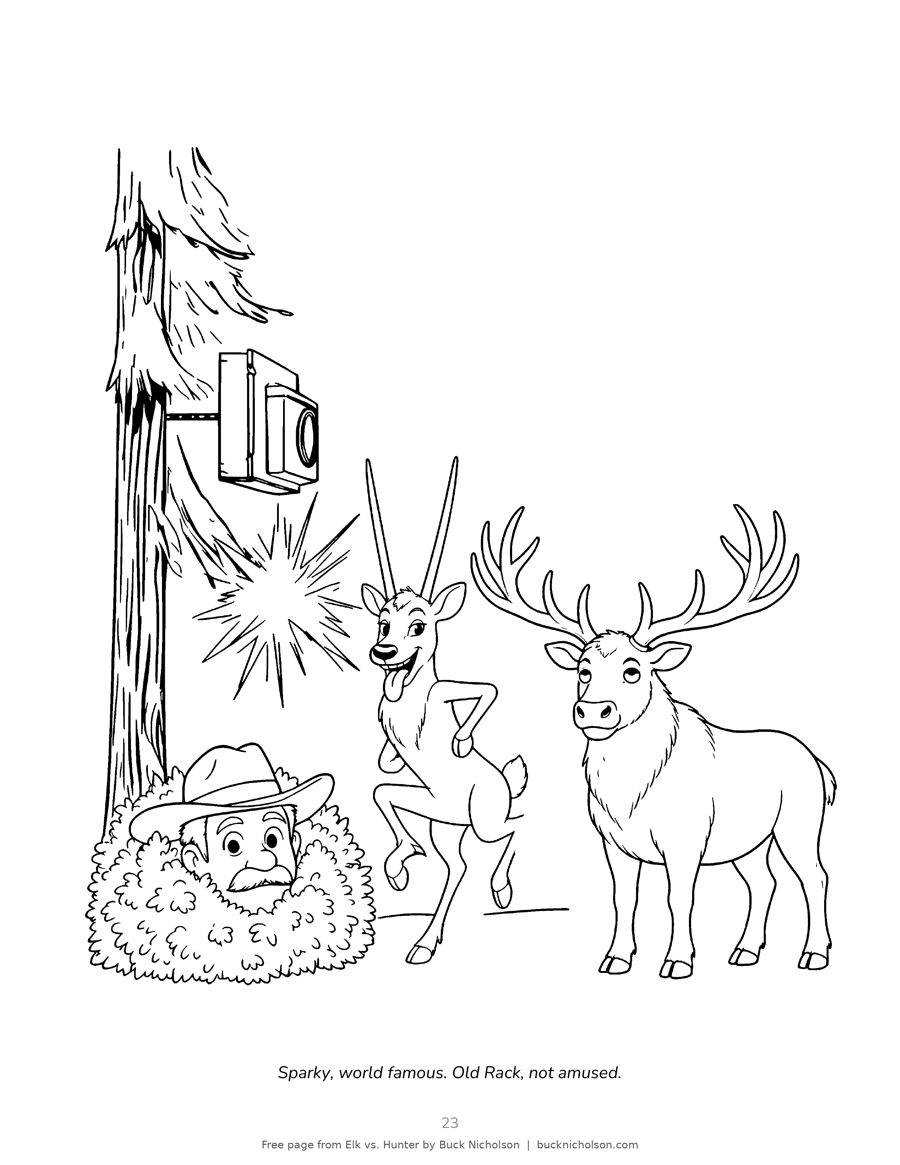 Coloring page of Sparky the spike elk posing for a trail camera flash while Old Rack looks unimpressed and a hunter hides in a bush