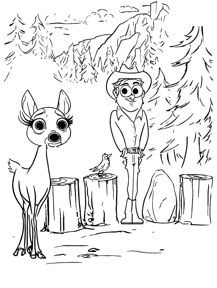 Coloring page of Nervous Nell staring at four stumps and one real hunter