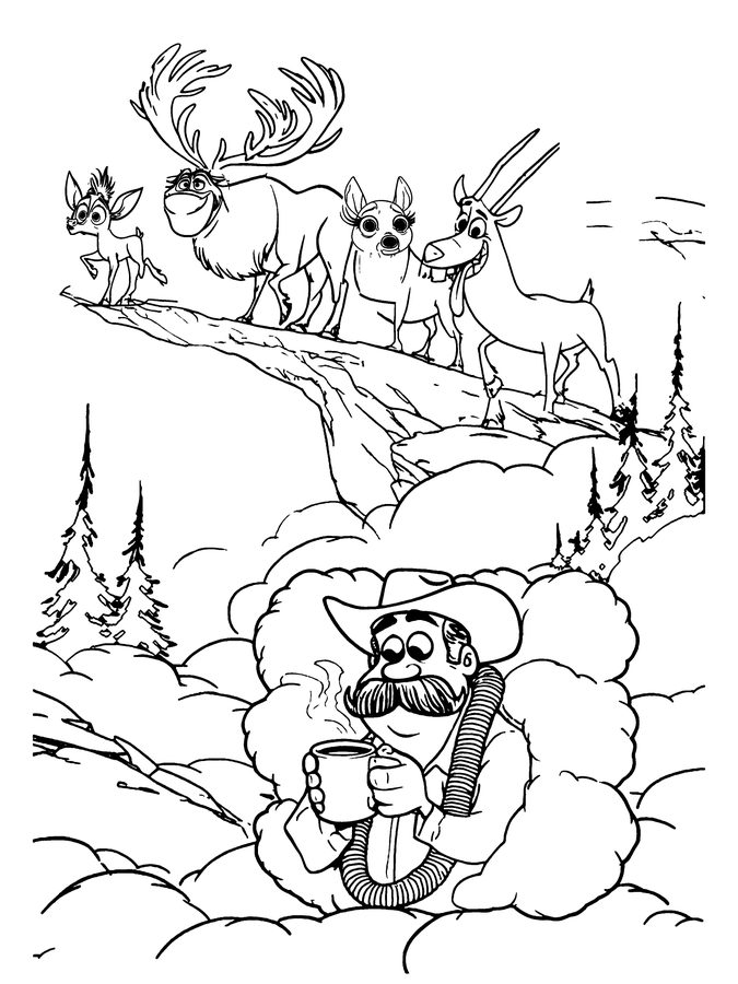 Coloring page: the herd walks past the hunter in the fog